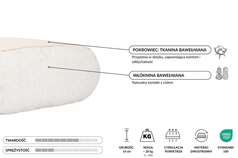 Materac 90x200 naturalny - Futon Pascall Slim Natural Czarny